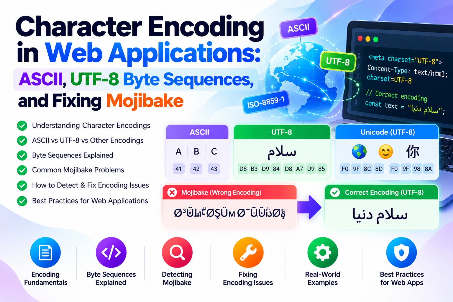 Character Encoding in Web Applications: ASCII, UTF-8 Byte Sequences, and Fixing Mojibake