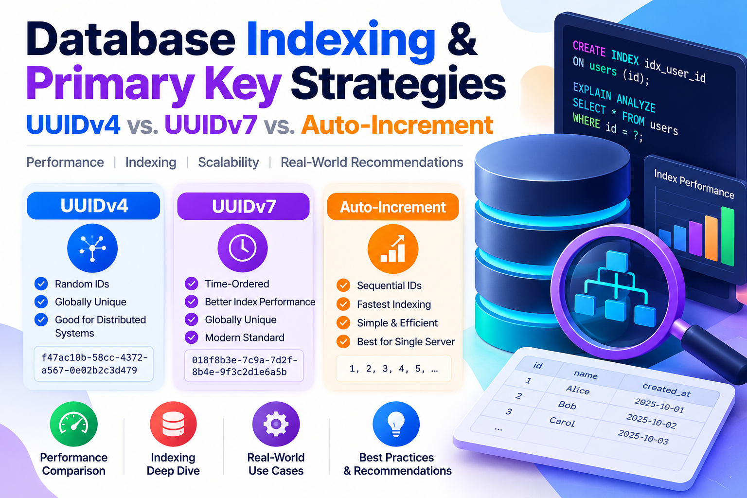 Database Indexing & Primary Key Strategies: UUIDv4 vs. UUIDv7 vs. Auto-Increment