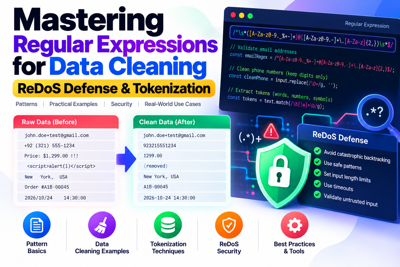 Mastering Regular Expressions for Data Cleaning: ReDoS Defense & Tokenization